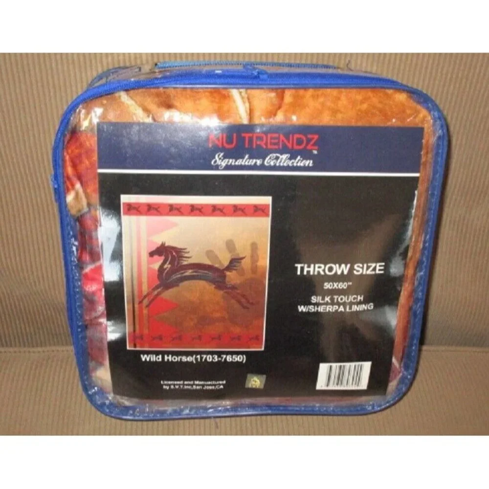 New Wild Horse Sherpa Plush Throw Gift Blanket SOFT Native American Art Stallion